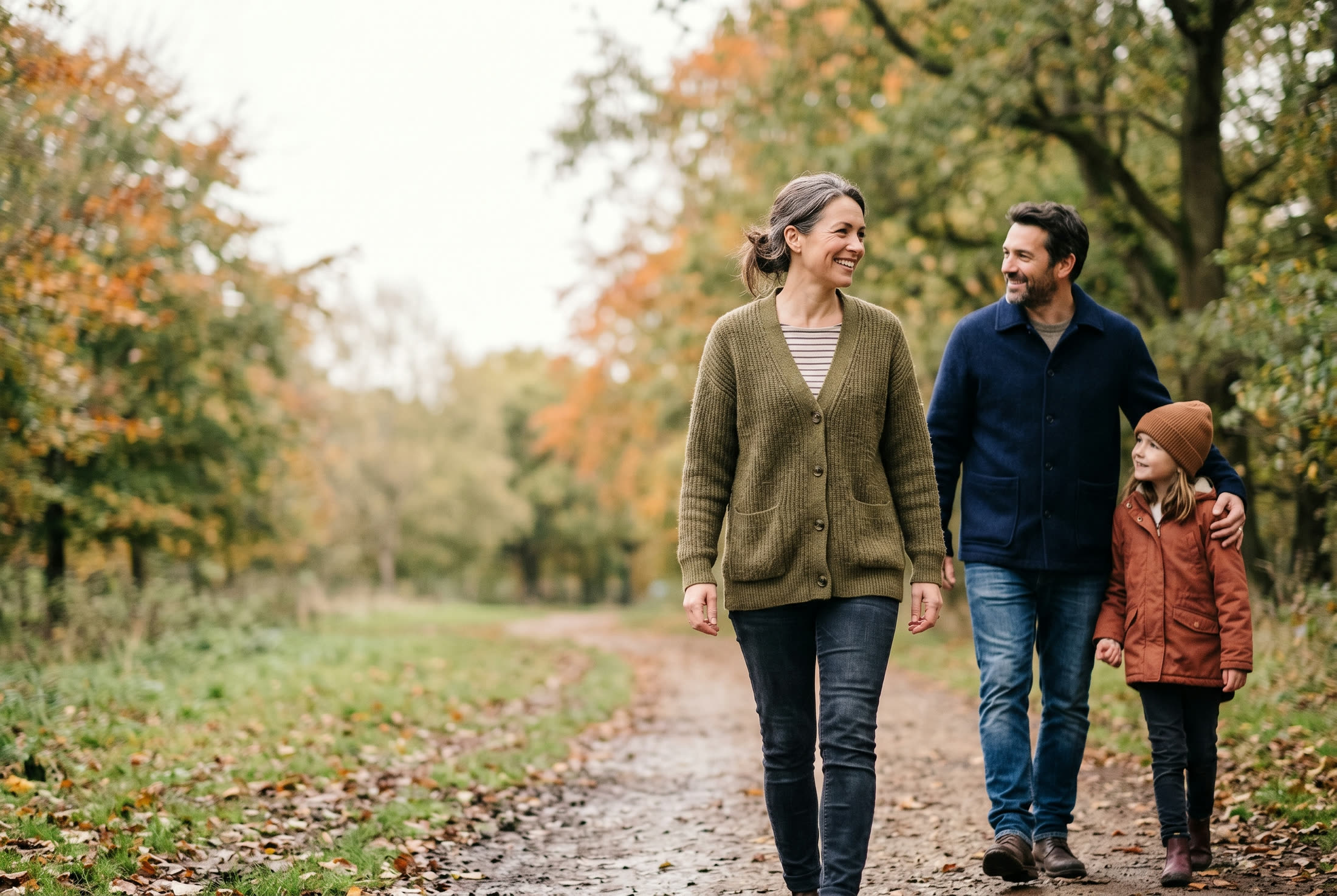 A woman enjoying a calm walk outdoors with her family